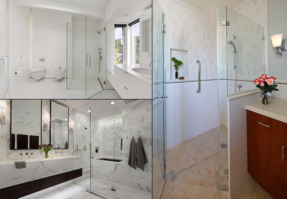 3 bathrooms featuring curbless, frameless glass showers