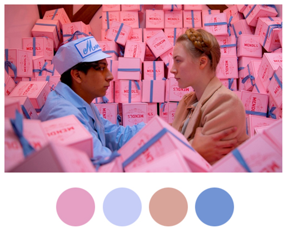 Scene from the film "The Grand Budapest Hotel", showing the Mendls candy packing & shipping room with 4 colors picked out in circles below as palette highlights
