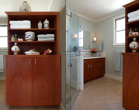 San Francisco bathroom remodel by design firm Kimball Starr highlights custom mahogany vanity and cabinetry