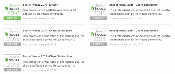 Image of Kimball Starr's Houzz awards for 2013-2016, with 3 for client satisfaction and 1 for design.