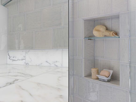 SF bath remodel with tiled shower niche and statuary marble floors