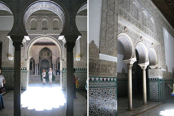 Two photos of archways with light and shadow seen through them at the Alcazar in Spain.