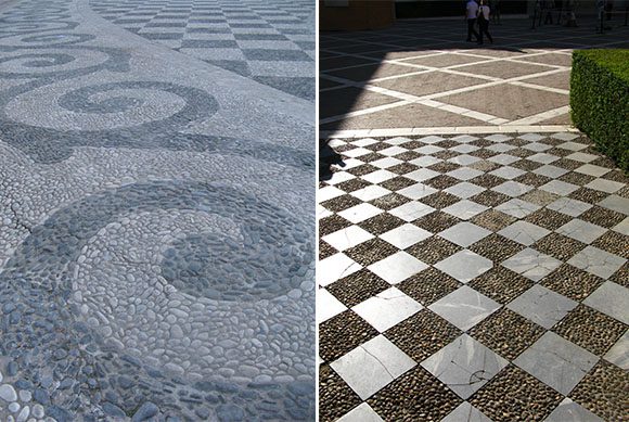 Two photos of stone walkways. Left image light grey and dark grey in a swirl pattern. Right image is a checkerboard, stone alternating with flat shiny squares.
