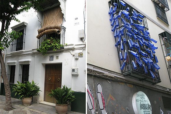 Two photos of Spanish window shades. Left shows a fabric shade hung outside a window and propped over a balcony railing to allow some light in. Right image shows blue plastic bottles fastened to a metal railing outside a window.