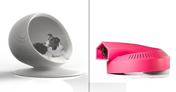 Left image 1960s Mod bubble chair inspired dog bed with seated Border Collie. Right image Recycled plastic extruded pink house shape into an enclosed circular ramp dog house with Dachshund inside.