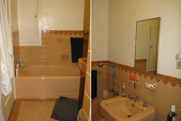 "Before" images of an outdated San Francisco residential bathroom with tan tub, tan sink, matching tan tiling and towel rails, plus orangey-red edge tiles that are triangles pointed down, with dingy white painted walls above. This bathroom needs an upscale remodel!