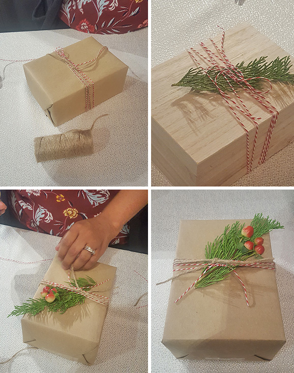 4 images of gift-wrapping options. Top left corner image shows plain brown craft paper wrapped box, with twine and string wrapped around the middle, and a roll of twine in front of the box. Top right image shows a wooden box with red and white twisted string wrapped around the middle, holding an evergreen cutting. Bottom left image shows a woman's hand as she wraps red and white twisted string around the brown craft-papered box. Bottom right image shows the final result, brown craft-papered box with twine and twisted red and white string wrapped around the middle of the box, holding a fresh evergreen cutting and a sprig of 4 red berries.