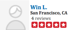 Yelp review profile with an outline of a man and the name Win L., from San Francisco, CA, with 4 reviews, and this is a five-star review
