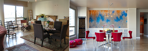 A pair of before-and-after images. In the left photo of before, four mismatched chairs are strewn around to the left side in front of the window, while to the right is a glass dining table and four contemporary brown chairs. Behind that is a number of storage furniture pieces, and two mismatched asian rugs. On the right in the after image, the beautiful wood flooring is now revealed underneath a white marble oval dining table, surrounded by six modern red chairs with silver legs. Behind on the wall is an orange and blue and gray textured artwork. Above the dining table hangs a modern chandelier lamp of multiple glass globes with clear lightbulbs. A wine storage is built into the wall at the left, next to the window. Two red pouf seats are on the floor next to the window at the far left of the image.