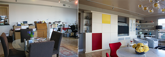Two side-by-side before and after images. On the left, a blank white wall above a row of mismatched storage furniture in white and brown wood, overflowing with books and collectibles. In the forefront is a glass dining table and four modern brown chairs. In the after image, a white, red, and yellow custom storage unit with multiple shapes and sizes of doors conceals the mess, while a corner desk provides a place to pay bills, with open shelving to display collectibles. In the foreground is a white marble dining table with red dining chairs, topped by a yellow bunch of flowers in a low vase. A chandelier of multiple glass globes peeks out of the top right corner of the image.