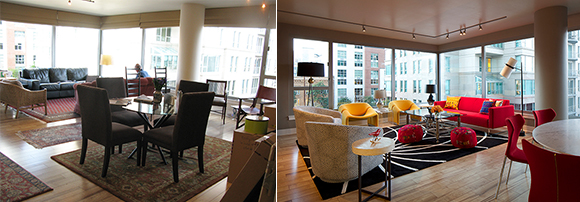Two images showing before and after of a residential apartment. The image on the left is before, an open-plan living dining area in a city condo. There are four mismatched asian patterned rugs visible. A round glass dining table and four modern dark chairs surround it, while six more mismatched chairs are a black leather sofa are in the background. In the after image on the right, lively yellow on four tub chairs and a bright red sofa with coordinating throw pillows in several patterns counterpoint a black rug with white graphic geometric shapes. Modern track lighting overhead is visible, and to the right, almost out of view but in the foreground, is a marble-top dining table with modern red chairs.