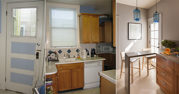 A trio of before and after images, side-by-side. At the far left is a white door with three wood panels painted cornflower blue to match the walls. Next to it is a dated kitchen, with wood cabinets, white dishwasher, light-colored cabinets, and dark blue diamonds tiles along the sink backsplash. In the far right image, after being redesigned, the space has a light gray wall color that complements the oversize tan floor tiling and warm wood cabinetry with modern silver drawer handles. A gray countertop bar seating with two wood barstools wraps down to the floor and turns the corner towards the sink. Above hang two clear blue glass pendant lights, while bright natural light streams in the multi-paned glass door behind.