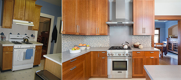 Two side-by-side images showing before and after a kitchen renovation. On the left in the before, the cabinets are dated wood finish with matched knobs, and a white stove and hood are in front of white tiling with large dark blue diamonds. The flooring also features diamonds. In the after, right image, beautiful red cherry wood cabinetry have silver door and drawer handles, with matching silver modern hood, stove and oven, under gray countertops. The backsplash tiling is a pattern of blue squares on a gray field. The flooring is a warm tan limestone, barely visible. At the right you can see the dining room peeking through the open doorway.