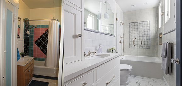 Two side-by-side images of before and after a bathroom renovation. On the left, before, the white-and-light-blue painted door is open to reveal a large dark blue diamond tiling pattern on the combo tub/shower wall with a pink field surrounded by green tiles, and a hanging curtain rail and white plastic curtain. A wood vanity topped with a white sink and countertop sits to the left of the tub. On the right, after the redesign, a bathroom showing white wall tiling, white painted cabinets with silver draw pulls, silver fixtures and finishes on a white sink with drawers below, beneath a large mirror with additional hanging pendant light, next to a clear glass double shower door with silver handles. The wall tiling is now a tasteful off-white with a center square formed of blue patterned tiles. To the right, you see a wall niche in the shower, a window above and a towel rail holding a layered pair of chalk-blue towels, with a sliver of the cornflower-blue door finished by a glass doorknob.