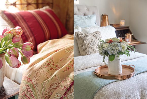 Two images side-by-side. The left showing red, pink and coral-colored bedding with a vase of pink and red tulips next to the bed. The right image shows a bed with white bedspread with a blue blanket over the top, and a copper tray holding a vase of hydrangeas, ready to welcome guests.