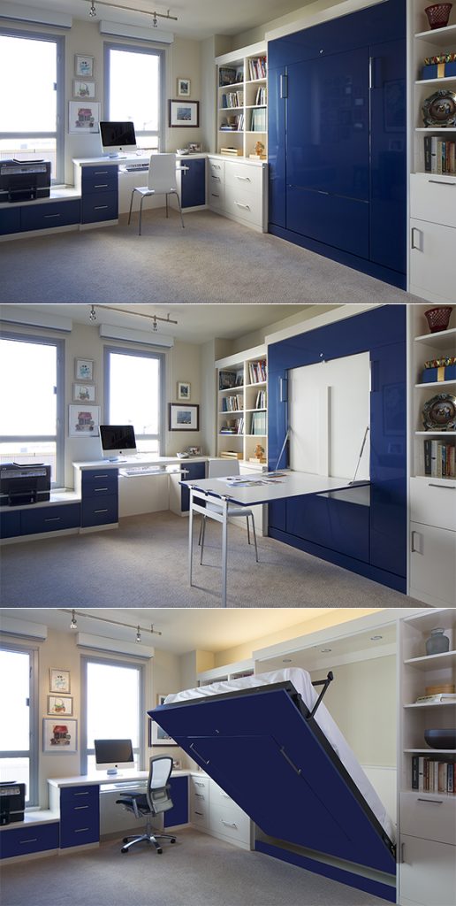 Three views of a guest bedroom/home office design. All three images show the space with a custom-made desk in classic blue and white, filing drawers also in blue and white, plus a computer & white chair facing two large windows. On the right is custom cabinetry with open shelving and more drawers. In the center of the right wall is a large blue custom cabinet that contains a wall-bed also known as a Murphy bed. The bottom image shows the bed partly coming down, while the center image shows a custom fold-down white desk that is hidden within the classic blue wall bed cabinetry when closed.