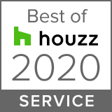 White square with dark grey text reading Best of Houzz 2020 with the word Service inside a grey square in white lettering at the bottom. A lime green Houzz logo appears next to the name Houzz.