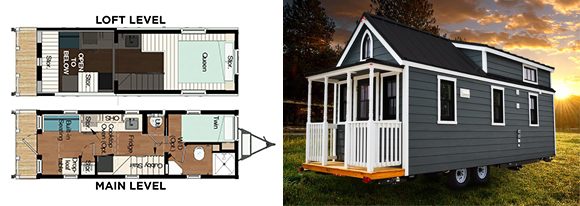 Two images side-by-side. The left image is of floor plans for a Tumbleweed tiny house model called the Elm, showing the loft level with sleeping and storage, and the main level with kitchen, bathroom, guestroom, and living space. The right photo is of the Elm model exterior in grey with white trim, and black roof with orange wood porch on the back. A gorgeous sunset is visible behind the tiny house.