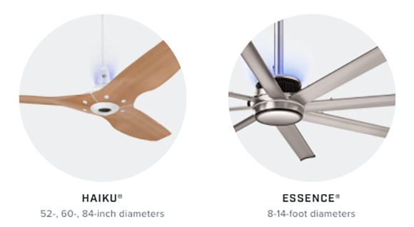 Images of 2 kinds of residential interior ceiling fans. On the left, the Haiku in molded wood with built-in light, and on the right, Essence, a metal bladed fan with built-in light.
