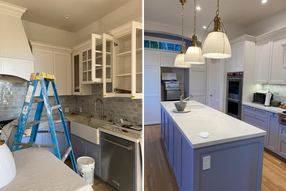 Left photo: Open upper white cabinets and a ladder in front of periwinkle blue lower cabinets. Right photo: Island and cabinets further along the project, but still without handles, so little pieces of green tape are used instead.