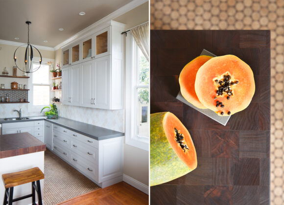 Two images side-by-side. On the left, a farmhouse kitchen with white cabinetry, penny tiles on the floor, tan and white geometric backsplash tiling, with butcher block counter at the end, and a round black metal pendant light with candelabra lights in the center and recessed lighting spread throughout the kitchen.