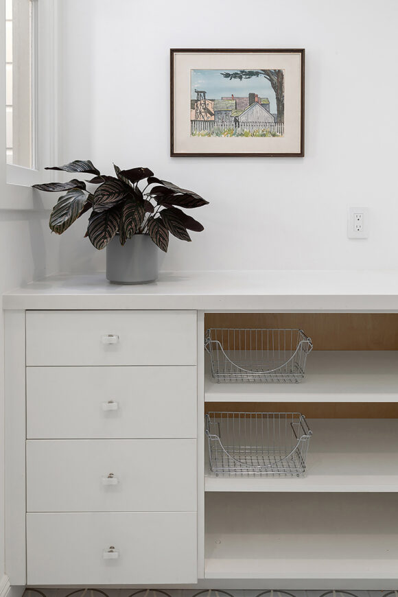 White countertop, drawers, and shelves with silver metal baskets to corral shoes. Drawers and cabinets conceal cleaning supplies. The countertop is perfect for folding clothes. A dark leafy plant in a pale blue container sits on the white countertop beneath a black framed artwork of a house in the same color pale blue.