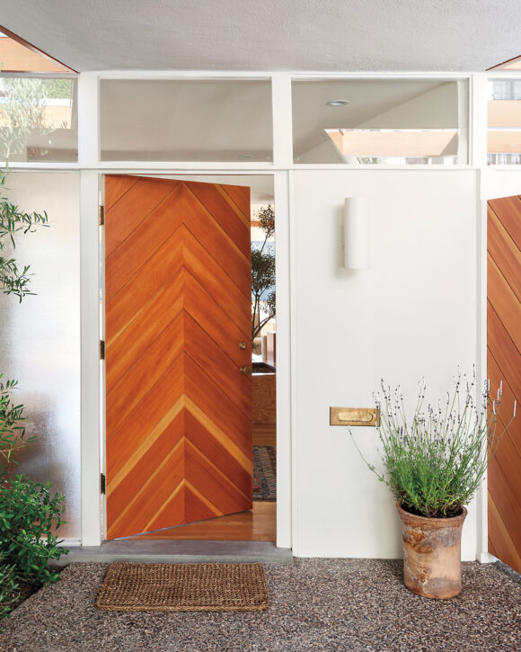 Herringbone pattern on the orangey wooden front door that matches the neighbor's door, with a potted plant outside, a white sconce downlight and brass mail slot, finished with a sisal front door mat to be welcoming.
