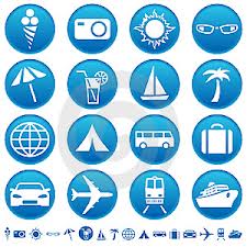Circular symbols for signs, all with blue backgrounds, including camera, sun, tent, boat, airplane, train, luggage, drink