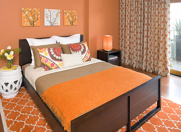 San Francisco interior designer makes a sensual bedroom in tangerine and brown