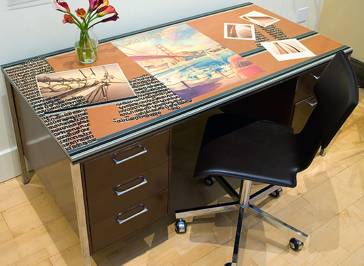 Decoupaged metal desk