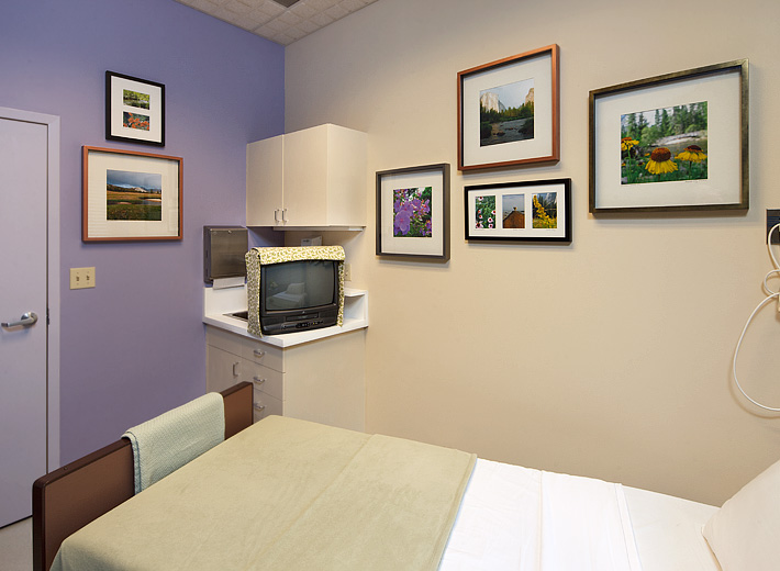 Marin Cancer Care chemotherapy treatment room is redesigned by Kimball Starr with soothing colors and healing images of nature photography.