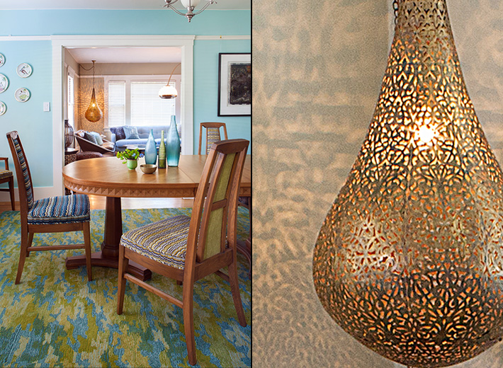 Colorful camouflage dining room rug and aqua walls add vibrancy to the wood dining table and chairs. Moroccan pendant projects intricate light patterns on the living room wall.