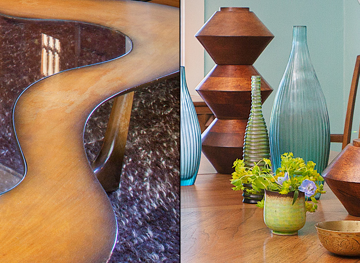 Amoeba coffee table, Brancusi style wood sculptures, and colored glass vases add unique decor to this mid-century modern interior design.