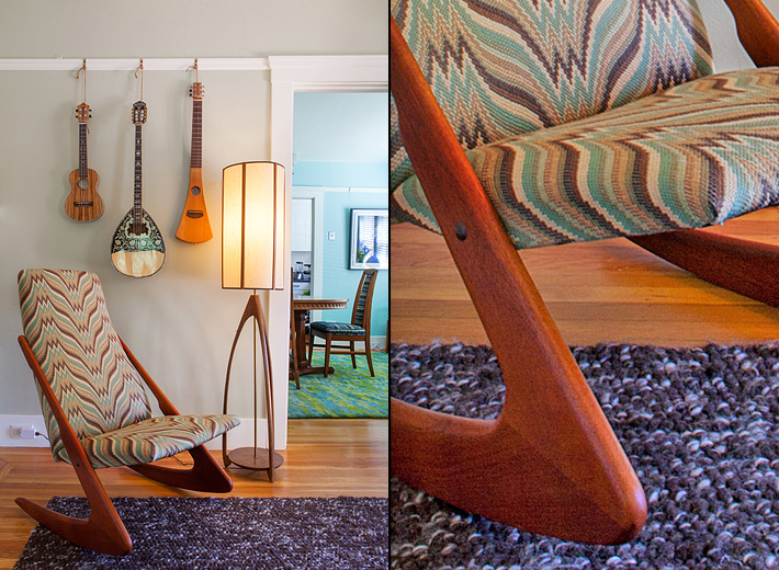 Vintage Adrian Pearsall rocker chair, rocket floor lamp, and unique acoustic guitars hung on the wall create a welcoming living area.