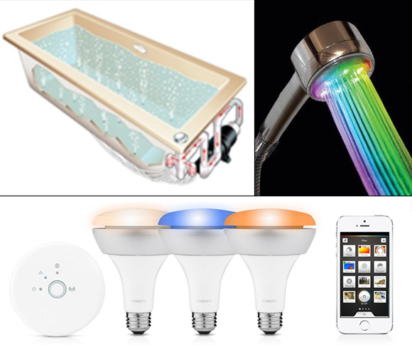 Graphic showing 3 tech trends for the bathroom: air bath with chromatherapy, LED showerhead, remote lighting system by Philips.