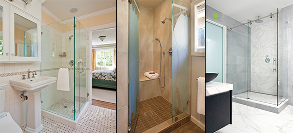 3 photos showing glass showers instead of tubs in bathrooms