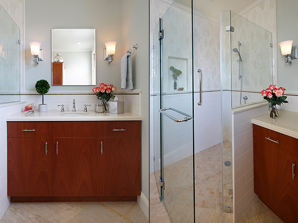 San Francisco bathroom remodel by Kimball Starr includes custom mahogany bathroom vanity and curbless shower