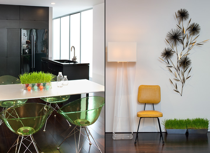 San Francisco modern kitchen by Kimball Starr has translucent chairs, ebonized bamboo floors & dark cabinets