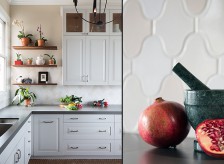 Kimball Starr's modern farmhouse kitchen design includes walnut shelving and fireclay tile in this San Francisco home.