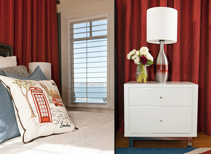 Modern pinstripe drapery and white lacquer bedside nightstands decorate the San Francisco bedroom.