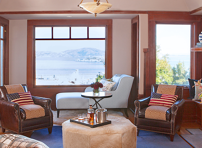 The bay window features a Kimball Starr designed chaise upholstered in the watery blue of San Francisco Bay