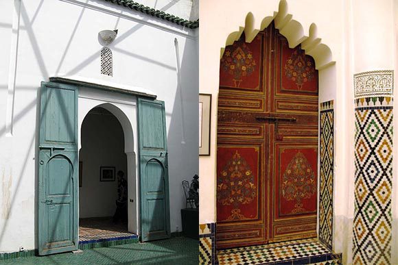 2 photo side-by-side to illustrate a more plain arch on the left, with a vibrant sea-green color of tiling on the ground and matching doors open either side of the arch, and on the right, a complicated keyhole arch cutout, with a reddish wooden door peeking out of the arch.