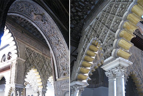 Two photos of arches from the same space, one viewed through the arch of the other, allowing light and shadow to contrast the smooth arch of one and the stepped arch of the other.