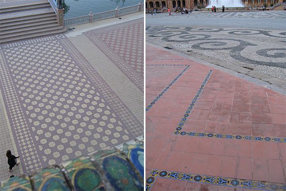 Two photos of public sidewalk patterns. The left is a checkerboard and the right is slanted bricks outlined with a contrasting color of darker brick.
