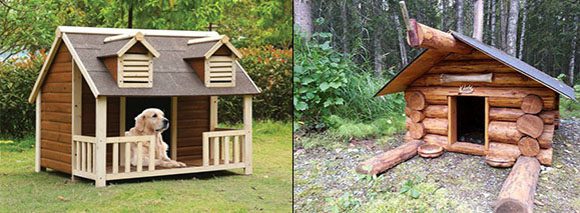 Left image Wood dog house log cabin inspired with gabled windows in roof and fenced porch. Right image Handmade hewn log cabin pet home with center beam protruding above open doorway