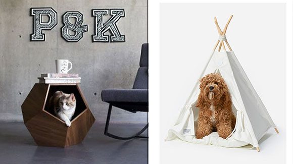 Left image Cat cave or small dog hideaway minimalist design used as side table. Right image Pup tent tipi or tepee minimalism modern camping pet bed with brown shaggy dog inside.