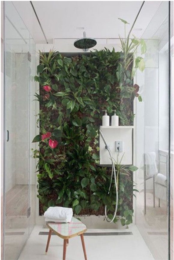 A modern glass shower stall reveals a small wooden stool with towel in front of a tall wall full of lush vines, greenery and a few bright pink flowers, with the modern white hand-shower fixture installed into the living wall, the top of which acts as a shelf for shampoo and conditioner bottles. A rain showerhead above completes the space, while a silver towel rail is just visible to the far right through the glass, outside the shower.