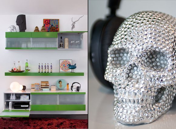 On the left, a photo of a bachelor pad's bright green custom cabinetry and open shelving that partially hides AV equipment and partially exposes cocktail items for frequent use. On the right, a photo of a jeweled skull holding a pair of black headphones.