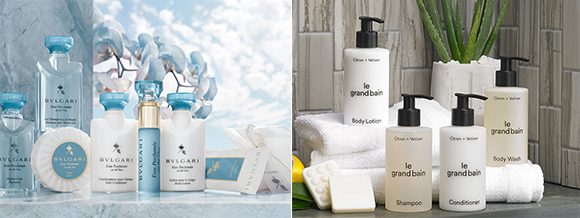 Two images side-by-side. On the left, in teal blue and white, multiple bottles of Bulgari lotion plus soap, face cream and spritzer. On the right, in tan and white bottles, four types of lotions from Sheraton's le gran bain, with two on top of white towels, in front of a vase of aloe vera.