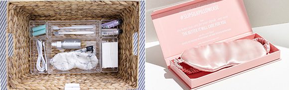 Two images side-by-side. Left image looking into a basket, with multiple items for overnight guests such as ear plugs, toothbrushes, power cables for phones, spritz for pillows, and face care products. Right images shows a pink silk eye mask in a presentation box.